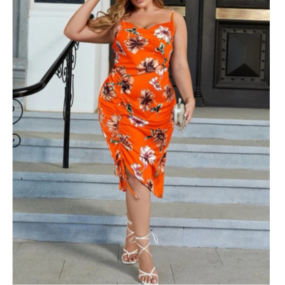 Plus size luxe floral print drawstring side cami dress - Picture 5 of 15